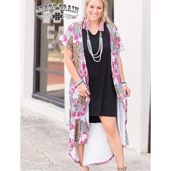 Crazy Train Women Sz M Patchwork Duster Jacket Long Cardigan Leopard Print Pink - Picture 6 of 10